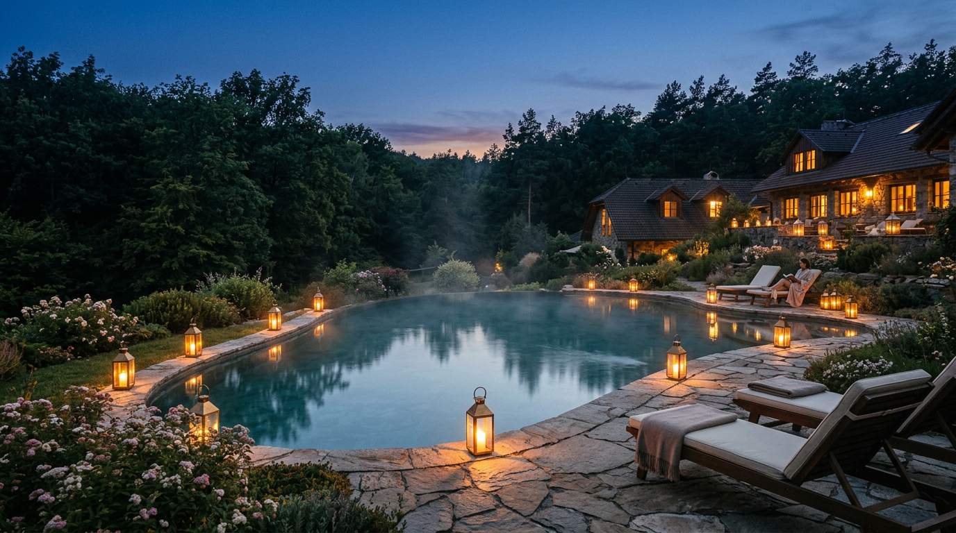 Bazén a zahrada v modré hodině