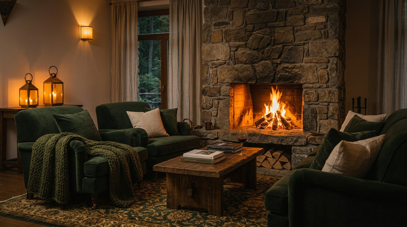 Interiér s kamenným krbem a teplým světlem