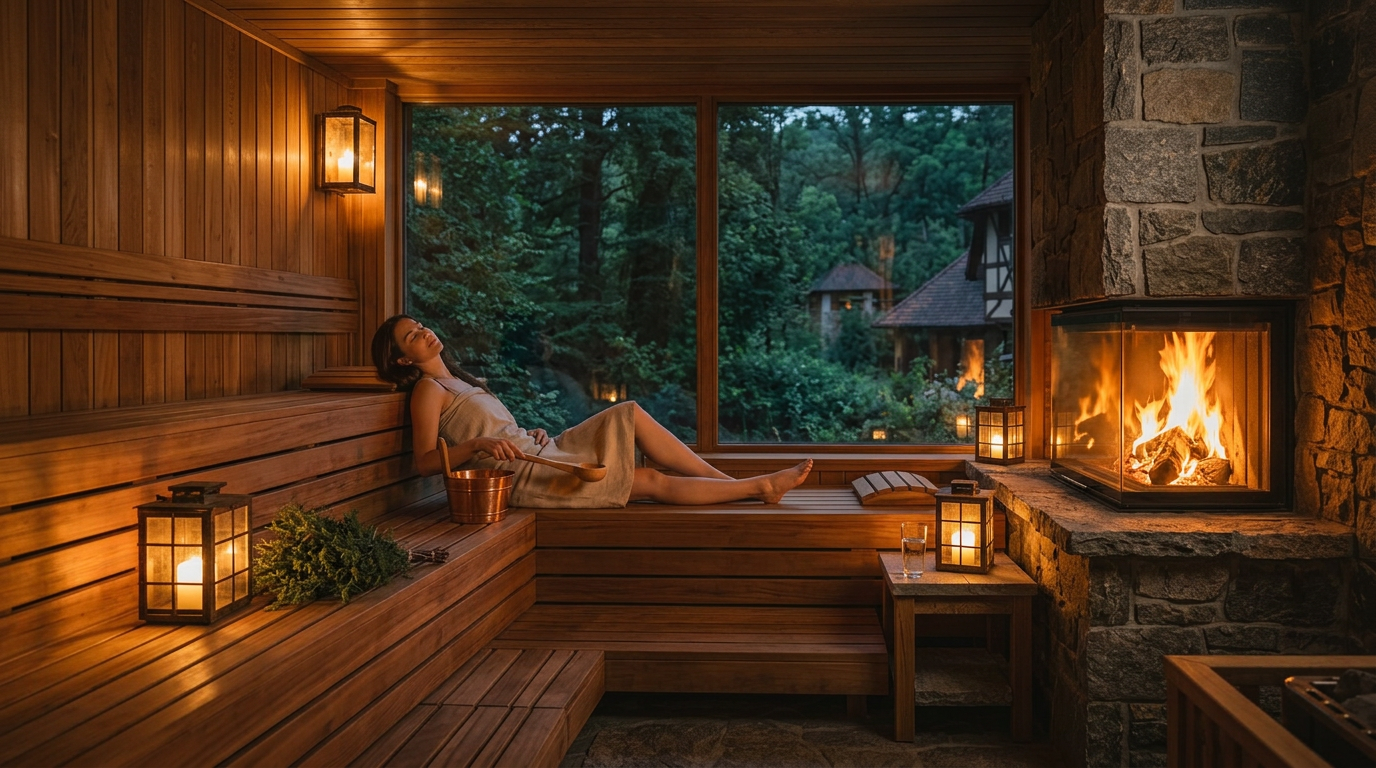 Sauna s teplým světlem